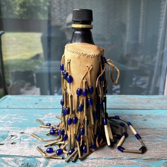 Native American Plains Canteen Bag 10" Leather Brass‎ Conicals Cobalt Blue Beads - Picture 13 of 13
